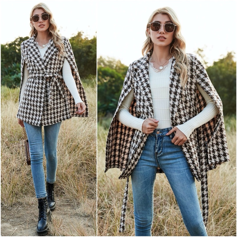 Houndstooth Pattern Belted Tweed glam Cape  Coat - Picture 8 of 15